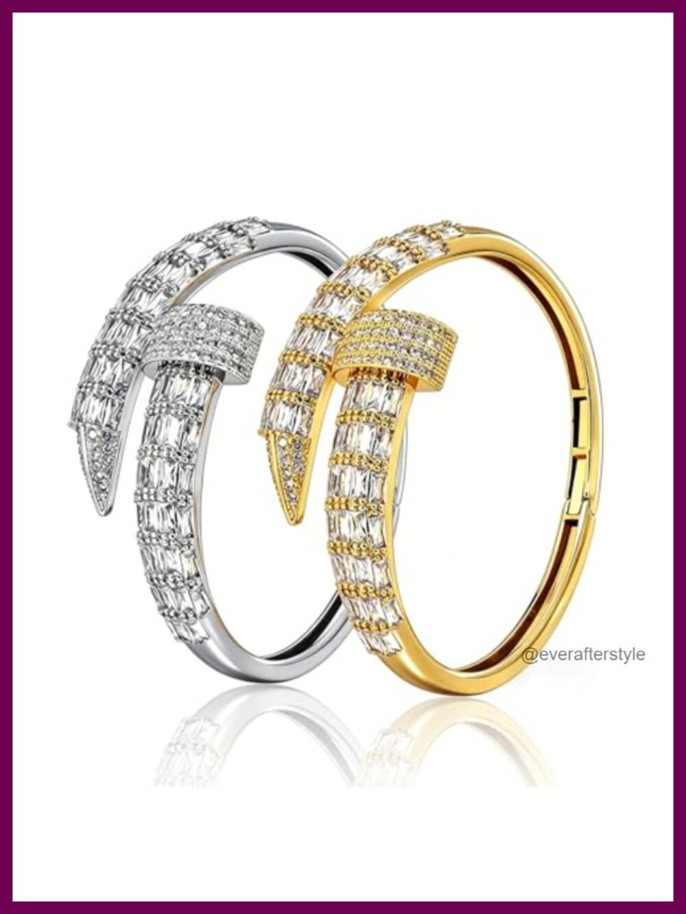 18K Gold & Silver Plated CZ Rivet Hinged Bangle Bracelets Set of 2